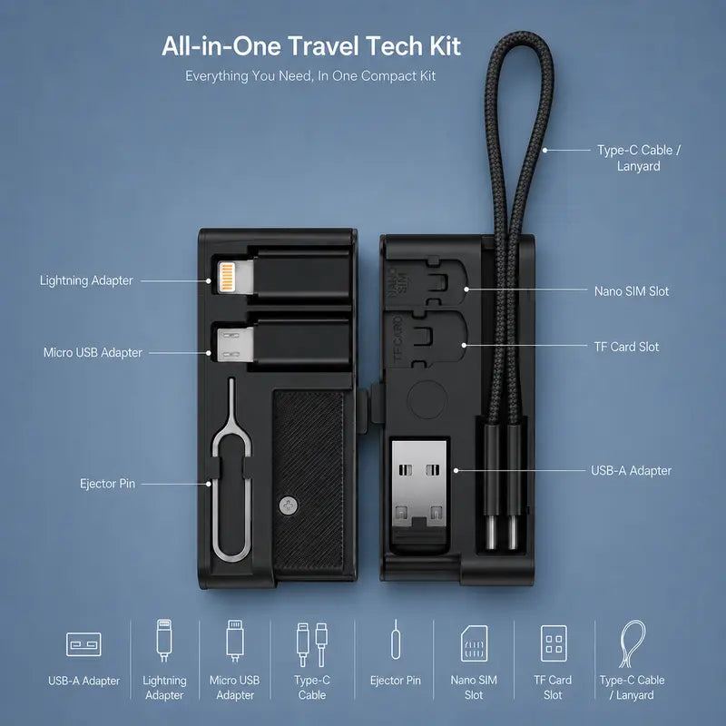 Pocket Travel Cable Kit USB-C Cable, 3 Adapters, SIM/TF Storage & Phone Stand