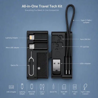 Pocket Travel Cable Kit USB-C Cable, 3 Adapters, SIM/TF Storage & Phone Stand