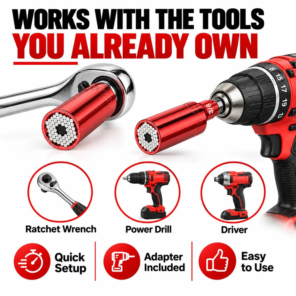 Universal Socket Tool 7 19mm Self-Adjusting Grip Socket with Drill Adapter