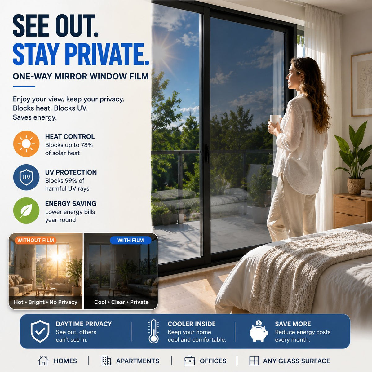 One-Way Privacy Window Film Daytime Mirror Effect, Heat Blocking & UV Protection