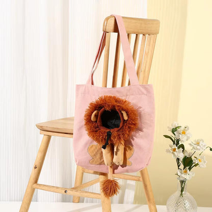 Lion-Shaped Pet Shoulder Bag Cute Canvas Cat Carrier with Adjustable Head Opening & Soft Plush Details