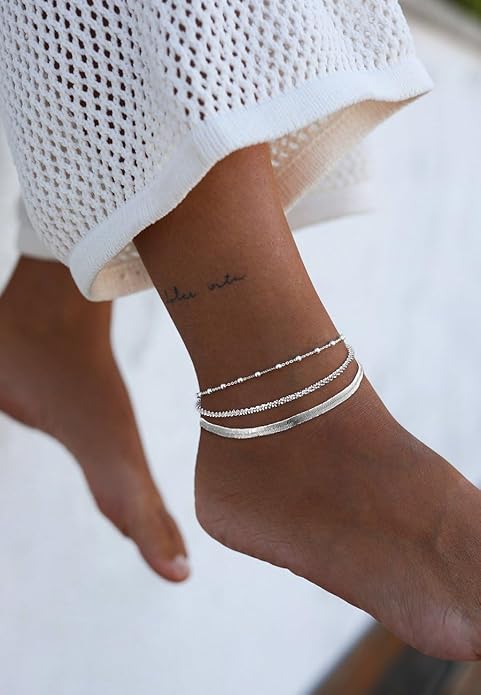 Women's Silver Ankle Bracelet Set - Dainty Layered Waterproof Sparkly Herringbone Beaded Rope Chain