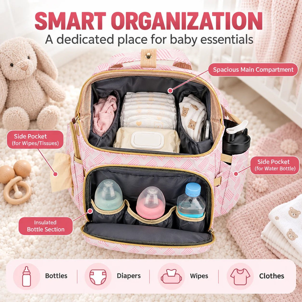 Diaper Bag Backpack with Changing Mat & Insulated Pockets