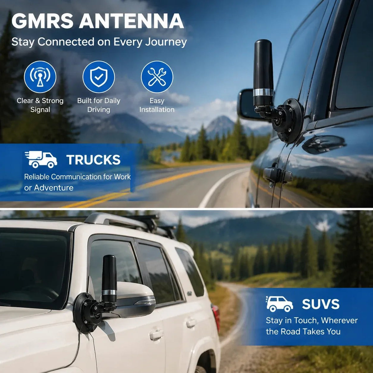 Universal GMRS Antenna Mount Heavy-Duty Radio Antenna Bracket for Cars, SUVs, Trucks, Off-Road Vehicles & Boats