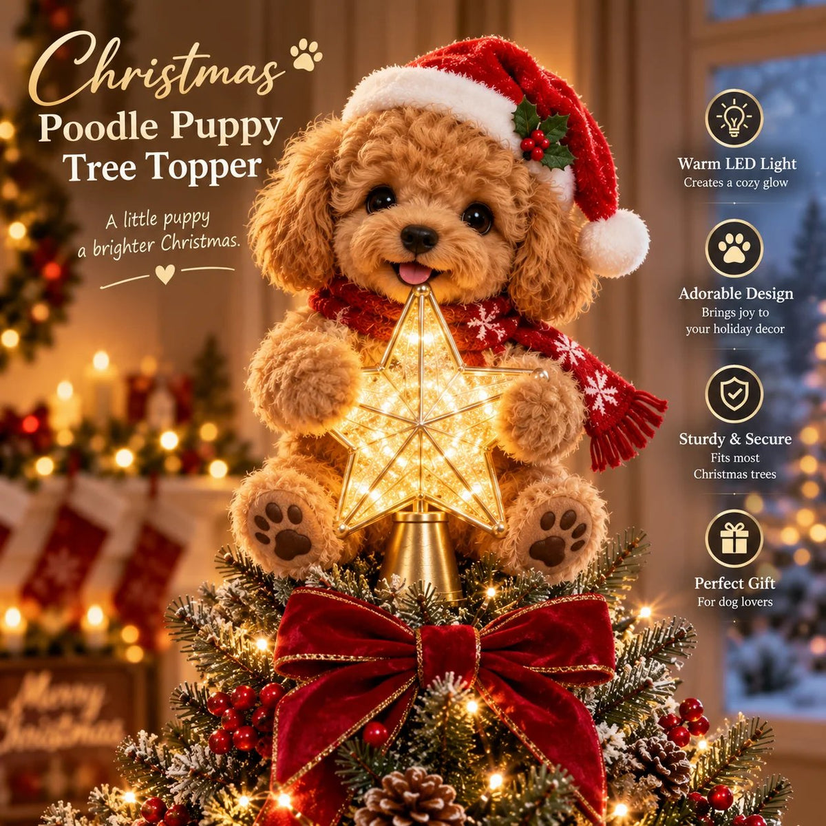 Christmas Glow Pup Tree Topper Light-Up Holiday Dog Tree Topper