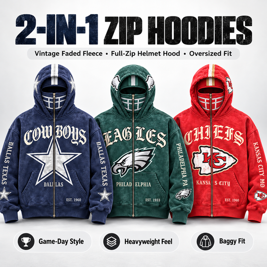 2-in-1 Football Full-Zip Hoodie for Men & Women Helmet-Style Zip Hood, Oversized Fit