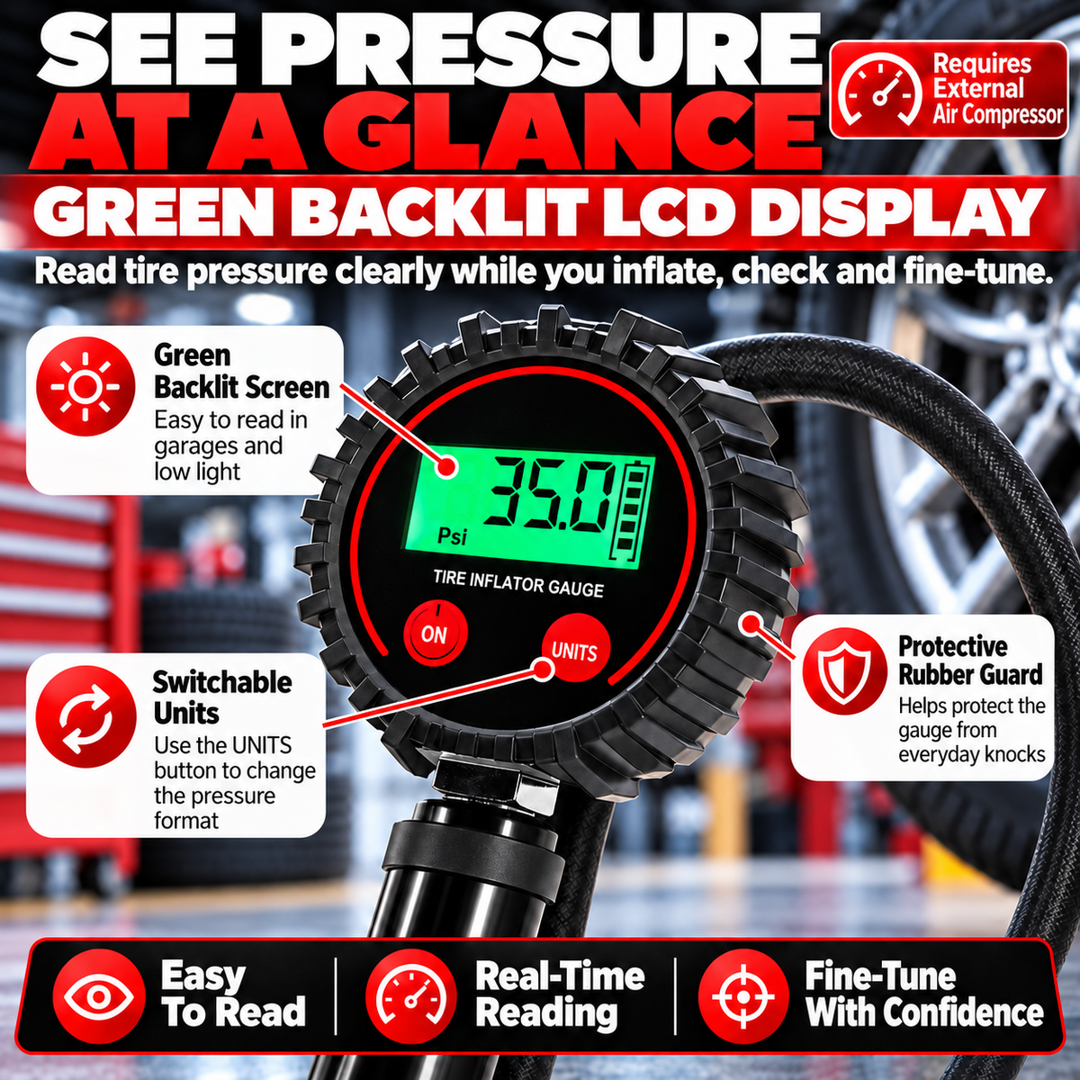 200 PSI Digital Tire Inflator Gauge 3-in-1 Air Chuck, Pressure Gauge & Bleeder
