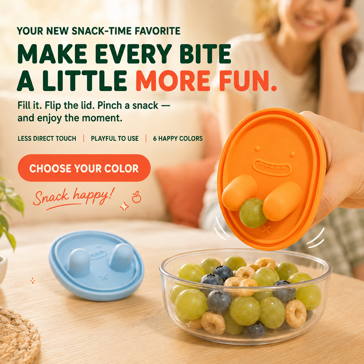 Snack & Grab Fruit Container Built-In Finger Tongs for Less-Mess Snacking