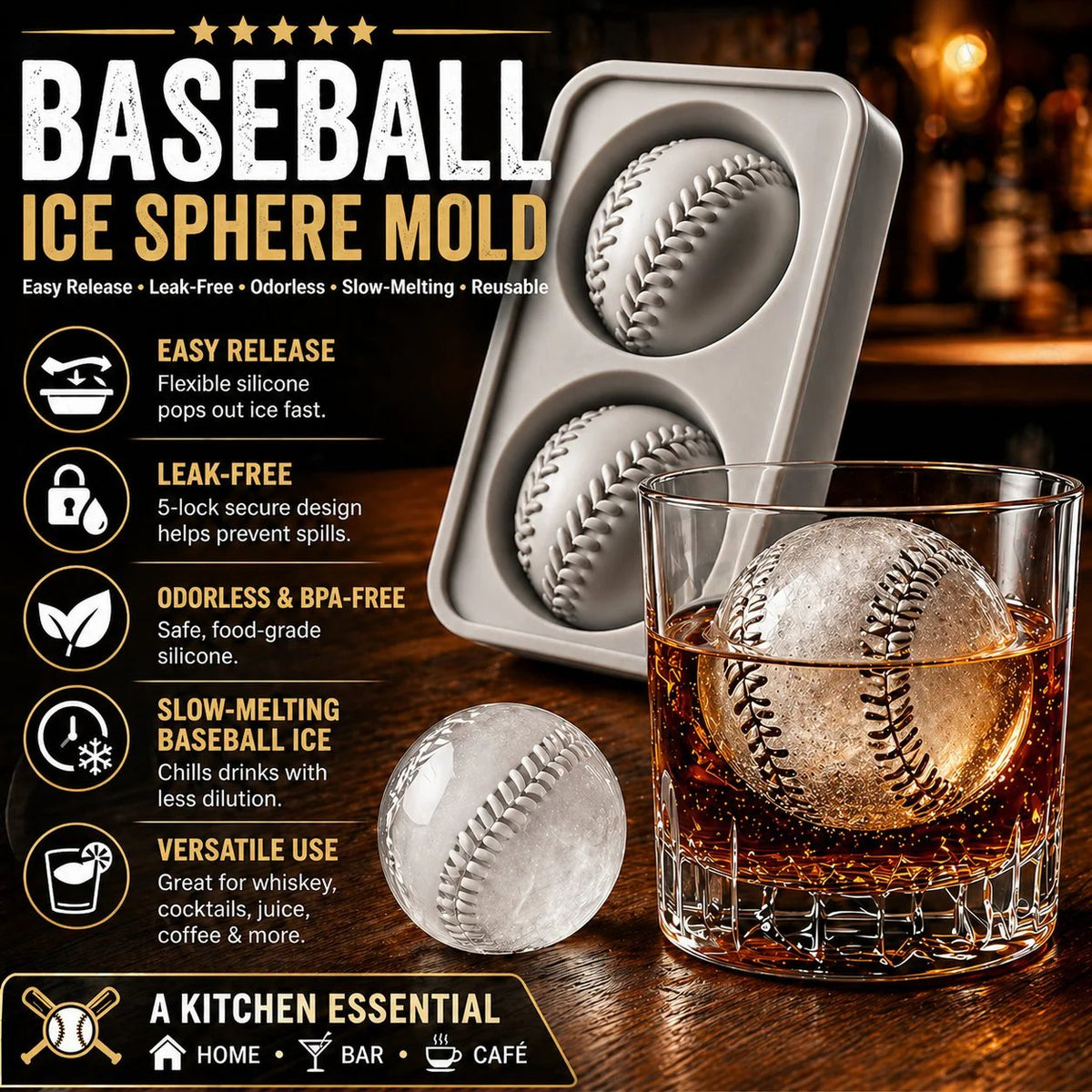 Baseball Ice Mold Slow Melting Silicone Sphere Tray for Whiskey, Cocktails & More