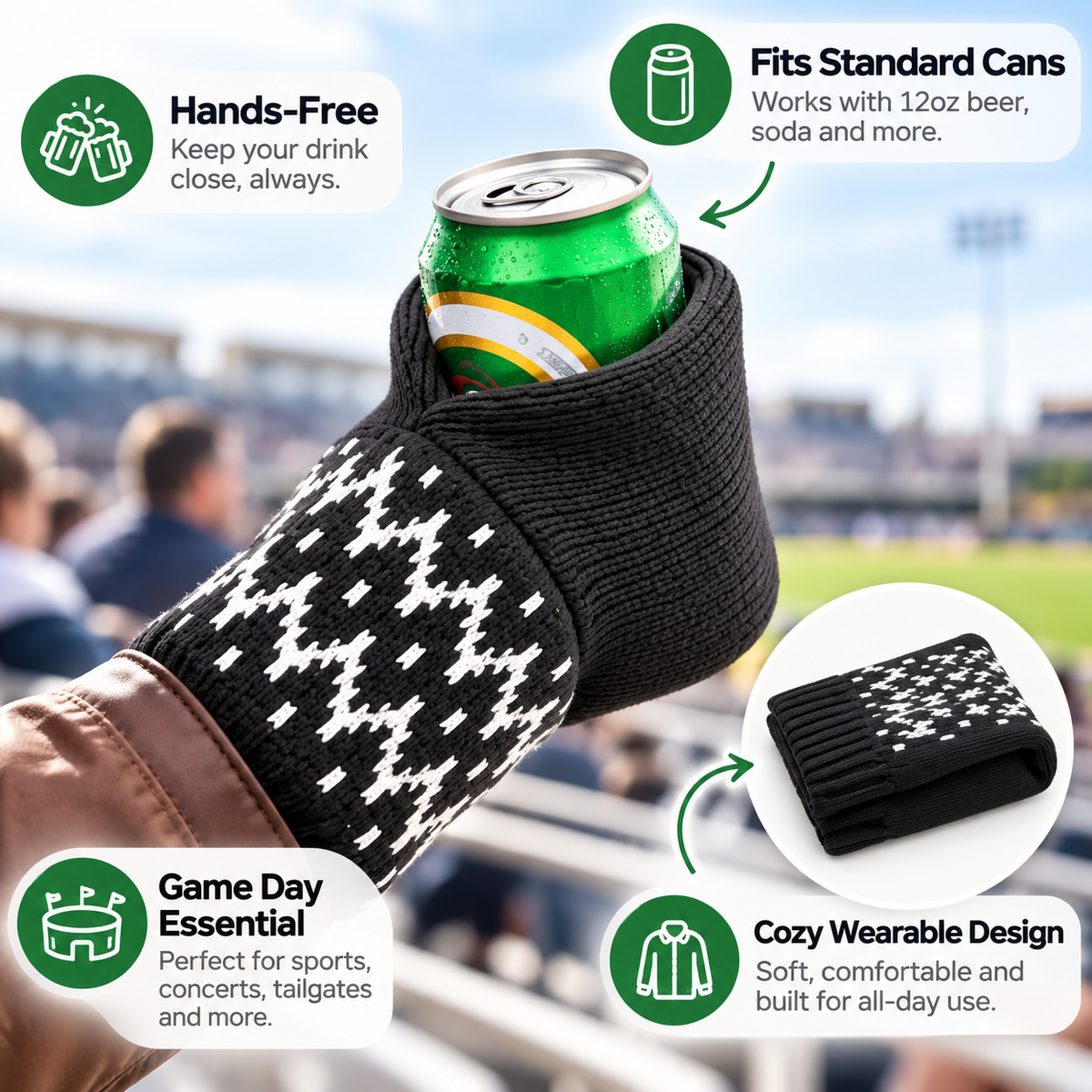 Hands-Free Wearable Can Holder Cozy Knit Drink Sleeve for Game Day