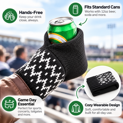 Hands-Free Wearable Can Holder Cozy Knit Drink Sleeve for Game Day
