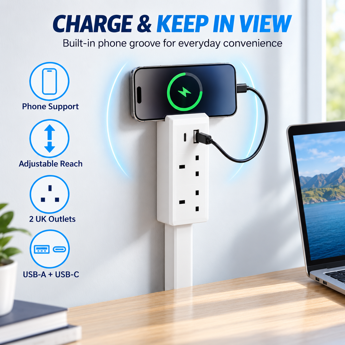 Extendable Outlet Extender with Rotating Base & USB-A/USB-C Charging