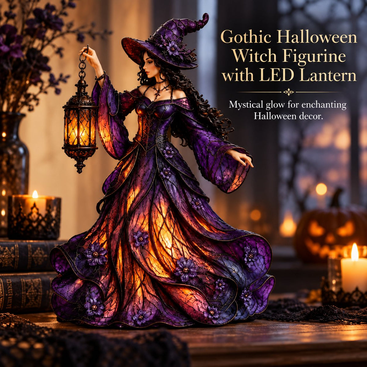 Gotische Halloween-Hexenfigur mit LED-Laterne