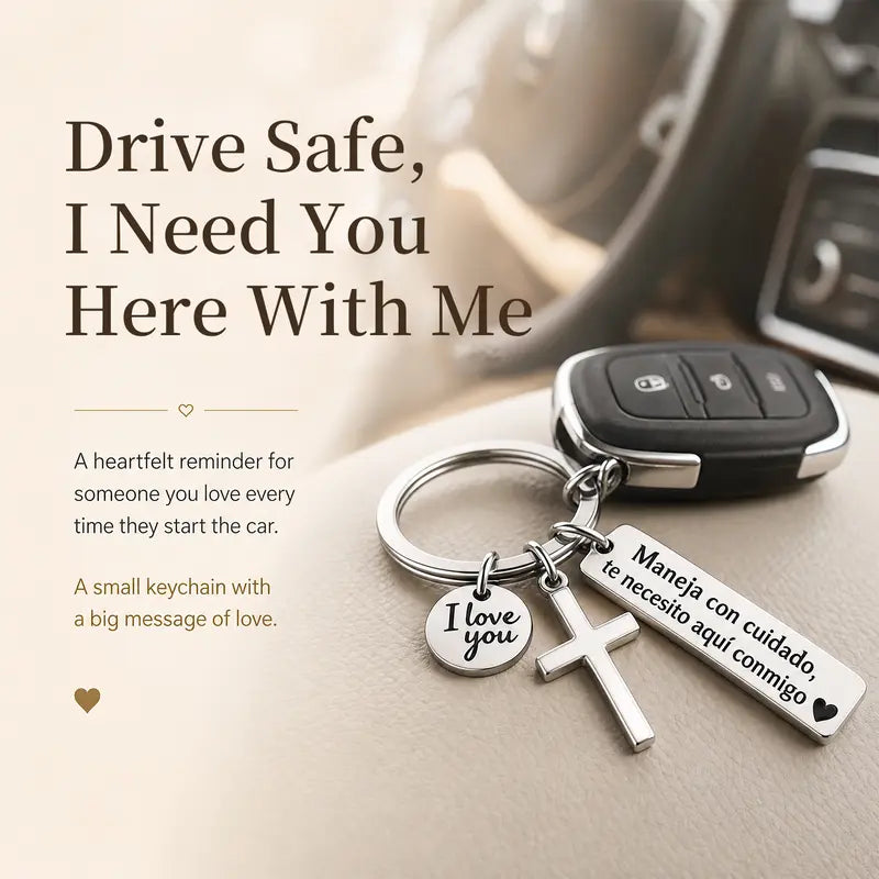 Maneja Con Cuidado Te Necesito Aqu Conmigo Keychain with Cross & "I Love You" Charm