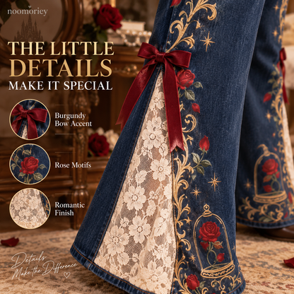 Enchanted Rose High-Waisted Lace Panel Flare Jeans