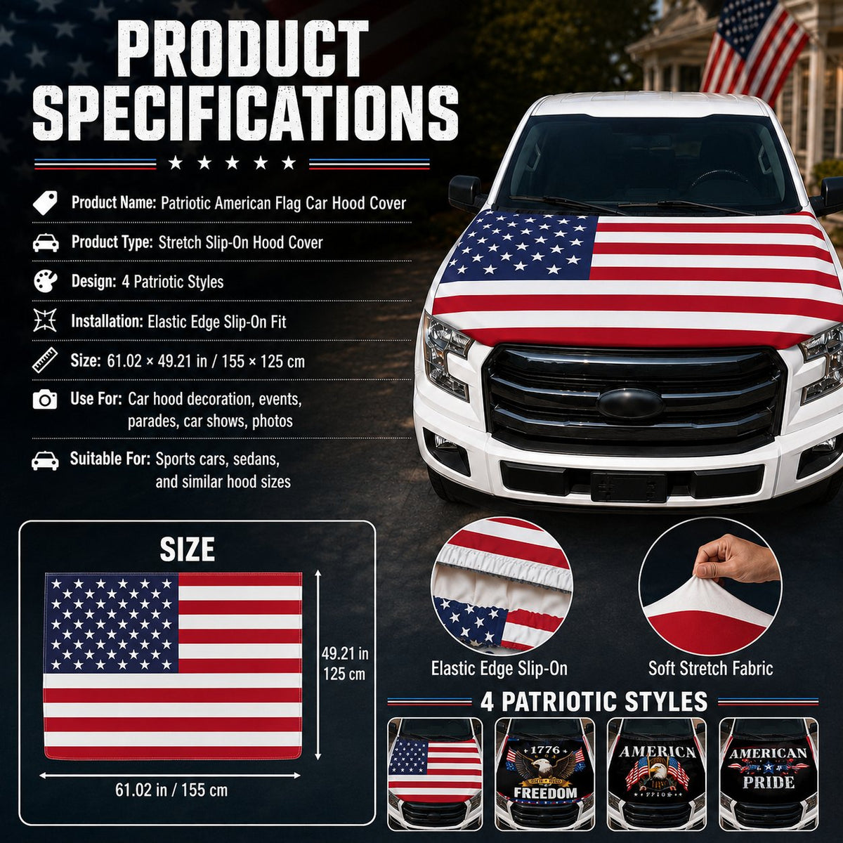 Patriotic American Flag Car Hood Cover