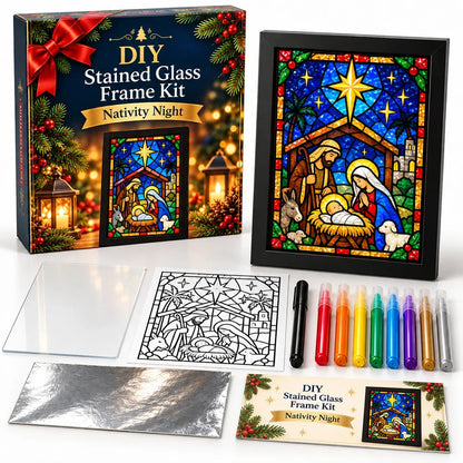 Beginner-Friendly Christmas Stained Glass-Style Frame Kit | 8 Festive Designs with Pens, Foil & Frame
