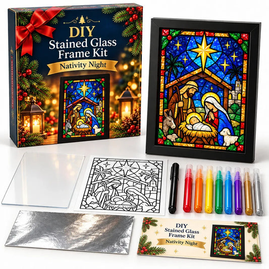 Beginner-Friendly Christmas Stained Glass-Style Frame Kit | 8 Festive Designs with Pens, Foil & Frame