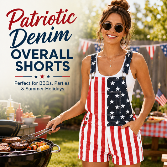 Men's and Women's American Flag Denim Overalls Stretch Shorts, Patriotic