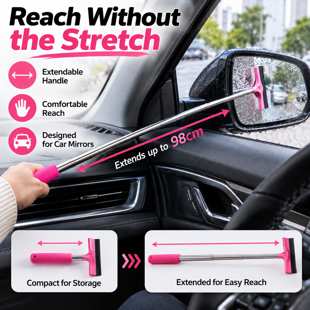 Telescopic Car Side Mirror Wiper Extendable Rain Water Squeegee