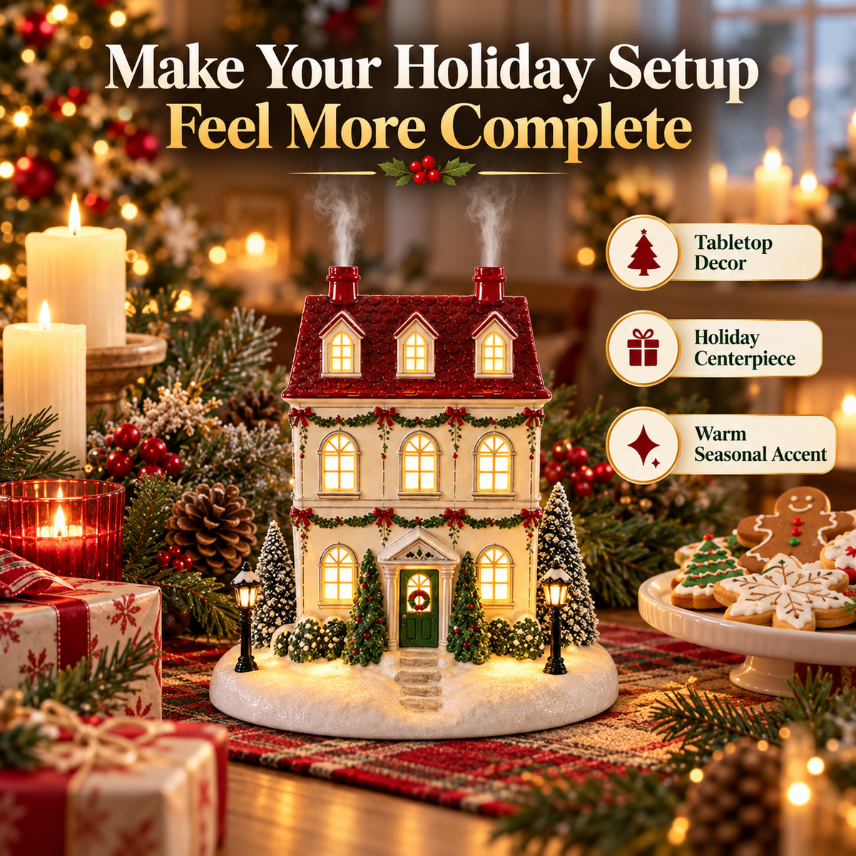 Lighted Christmas House Diffuser Cozy Holiday Cottage with Gentle Mist