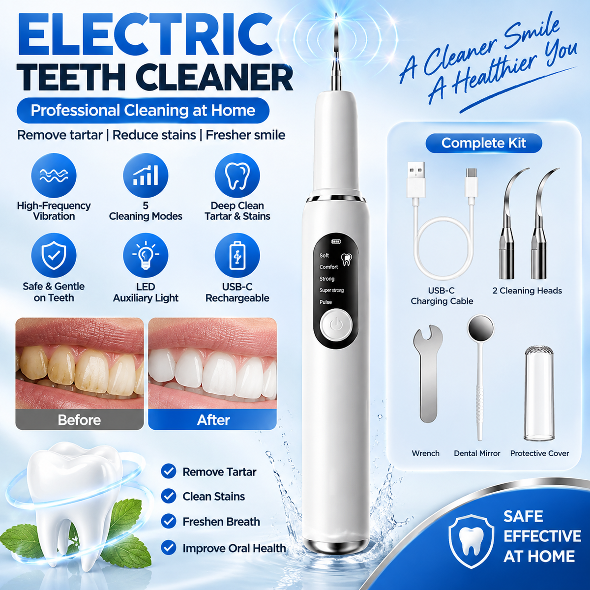 Ultrasonic Plaque and Tartar Remover, Professional Teeth Cleaning Kit (7-Piece Set) Safe and Gentle