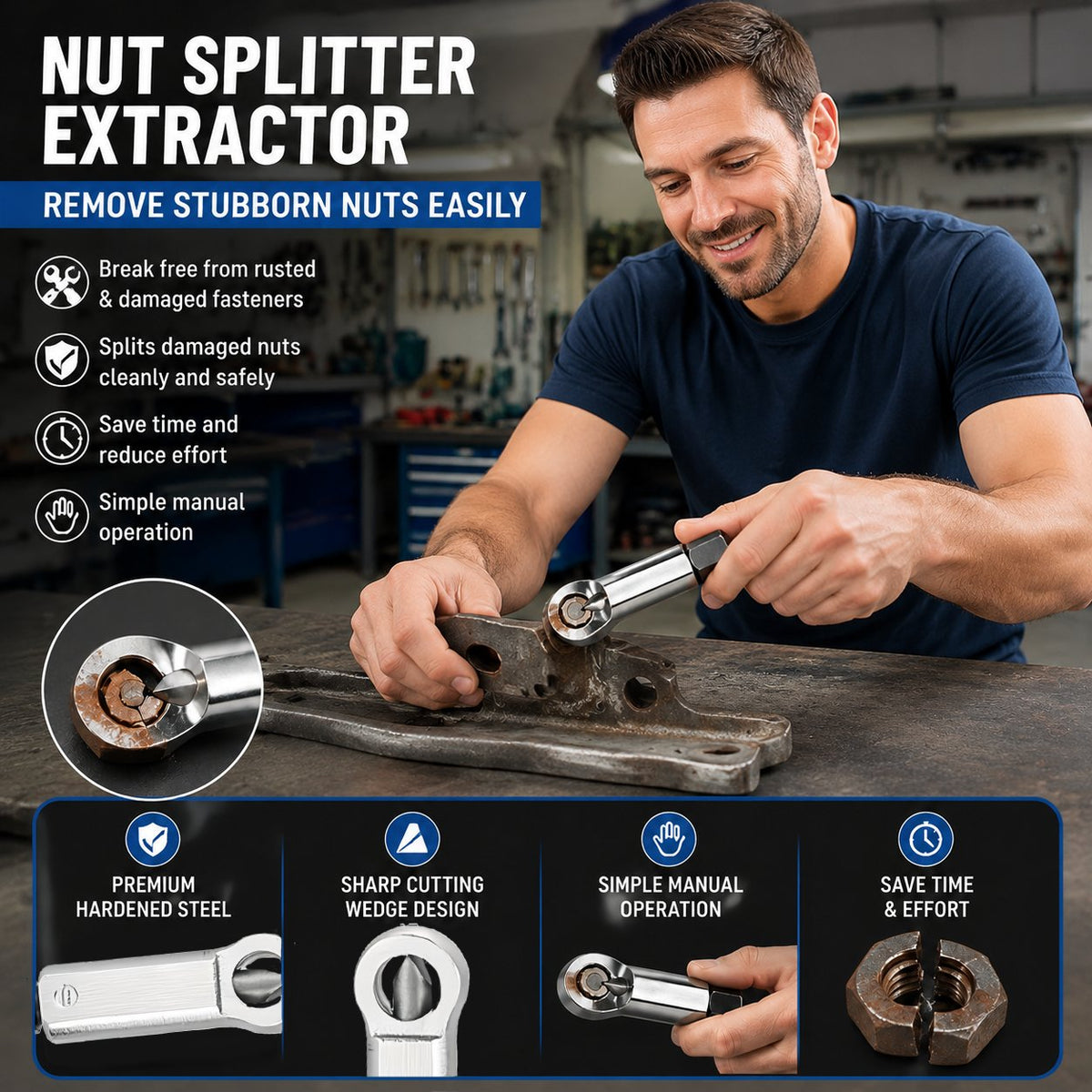 Manual Nut Splitter Extractor | Heavy Duty Steel Rusted Seized Nut Remover for Automotive & DIY Repair