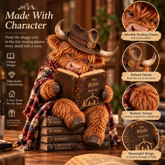 Highland Cow Bible Nativity Figurine | Bookish Christmas Faith D cor for Shelves, Desks & Meaningful Gifts