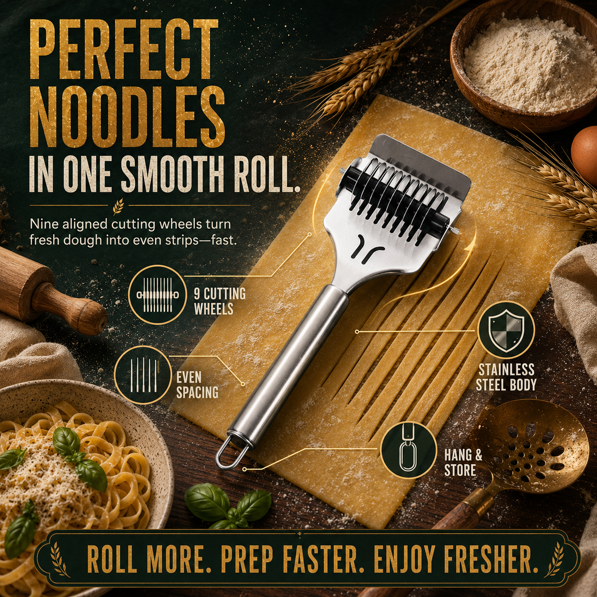 Stainless Steel 9-Wheel Rolling Noodle Cutter Fast, Even Homemade Pasta Strips