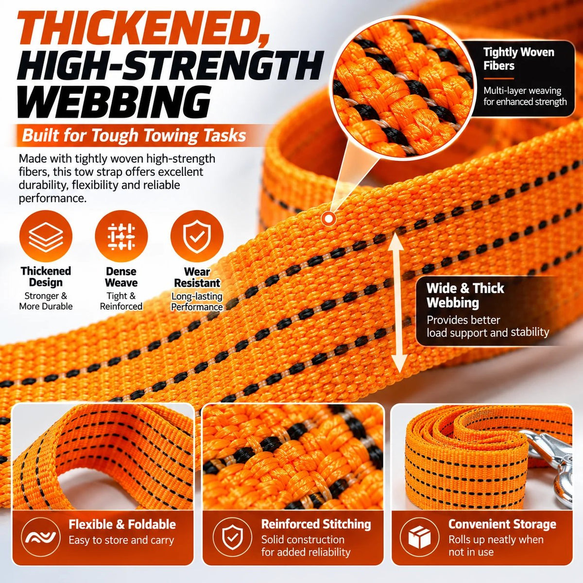 Heavy-Duty Tow Strap with Metal Hooks Thickened High-Strength Vehicle Towing Rope