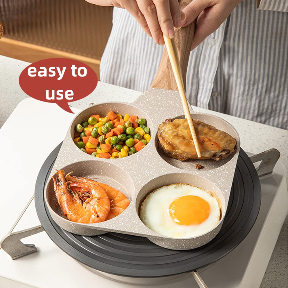 Multifunctional 4-Hole Pan with Wooden Handle Perfect for Eggs, Pancakes & Mini Pancakes