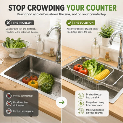 Expandable Over-the-Sink Colander Basket Wash, Drain & Dry with Ease