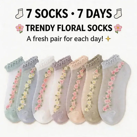 7 Pairs Womens Sheer Floral Mesh Ankle Socks Thin Transparent Ruffle Socks for Summer