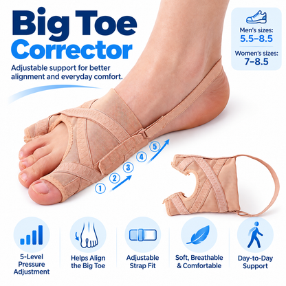 5-Level Adjustable Big Toe Corrector Toe-to-Heel Alignment Support for Everyday Comfort