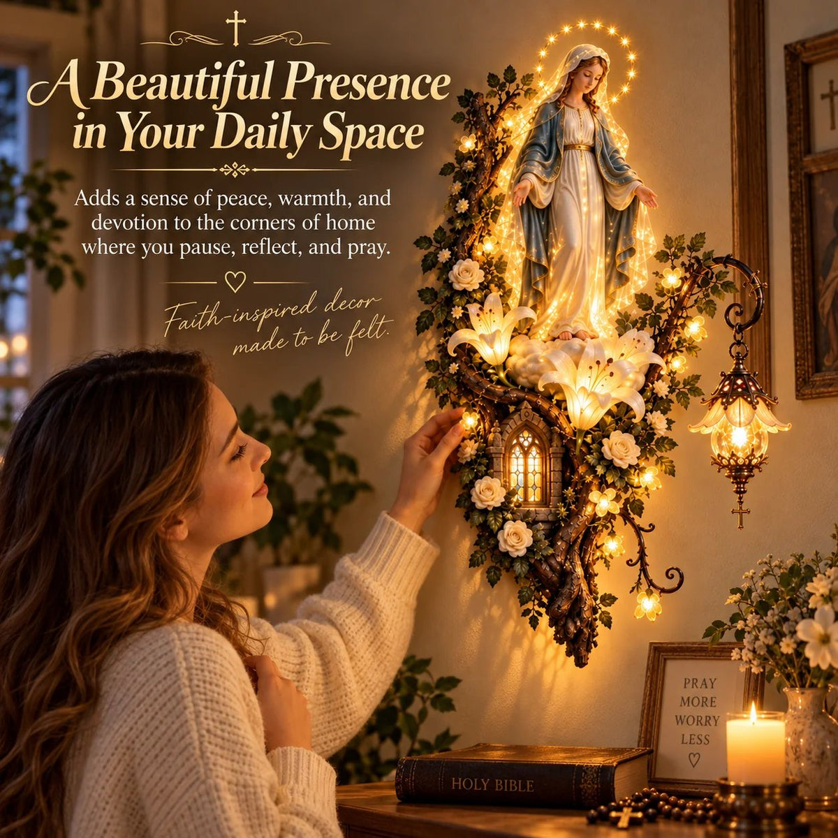Blessed Mother Lighted Wall D cor | Virgin Mary 3D Religious Wall Art with Warm Ambient Glow