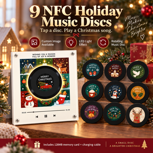 Christmas NFC Music Player Turn Your Fridge Into a Holiday Jukebox. with 9 Vinyl Style Discs and USB C