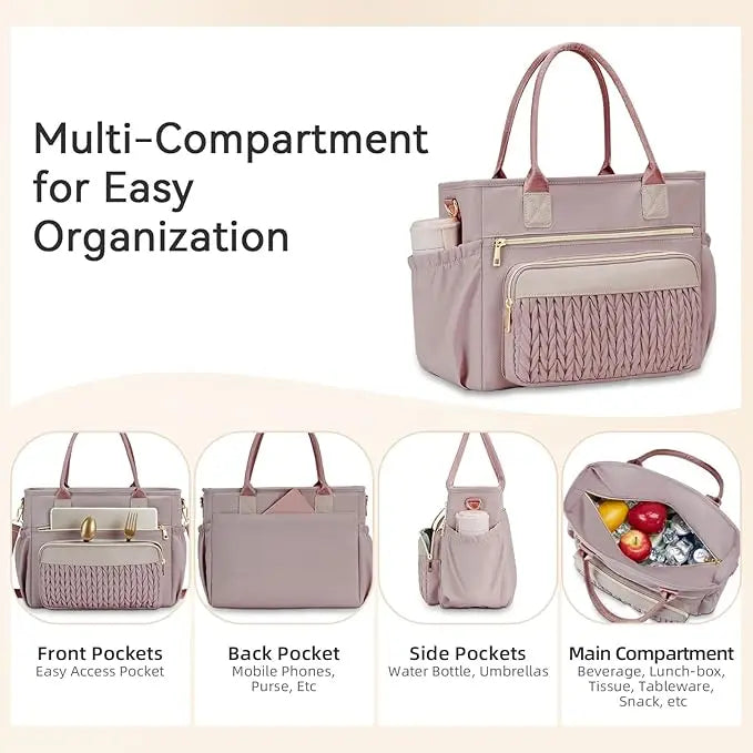 Stylish Insulated Lunch Tote Bag for Women Leakproof Cooler Bag with Multiple Pockets & Adjustable Shoulder Strap
