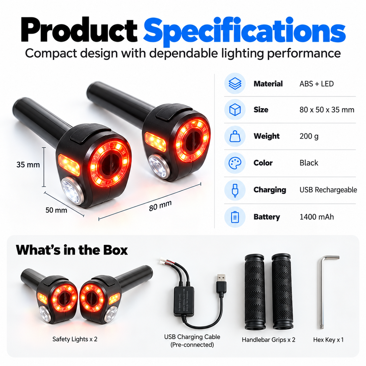 Bike Bar-End Safety Lights (Pair) | USB Rechargeable, Front & Rear Visibility, Hidden Mount