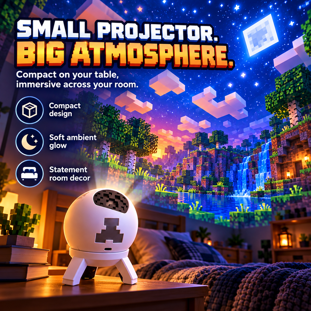Pixel Block World Room Projector USB-Powered Bedroom & Gaming Atmosphere Light