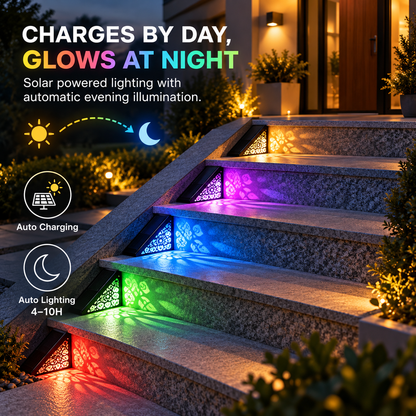Solar outdoor step lights, IP65 waterproof LED deck/stair lights, color-changing gradient lighting