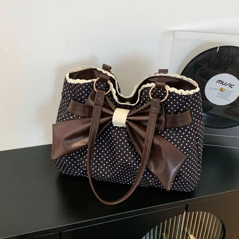 Women's Casual Shoulder Tote Polka Dot Print, Big Bow Detail, Large Capacity for Gym & Outdoors