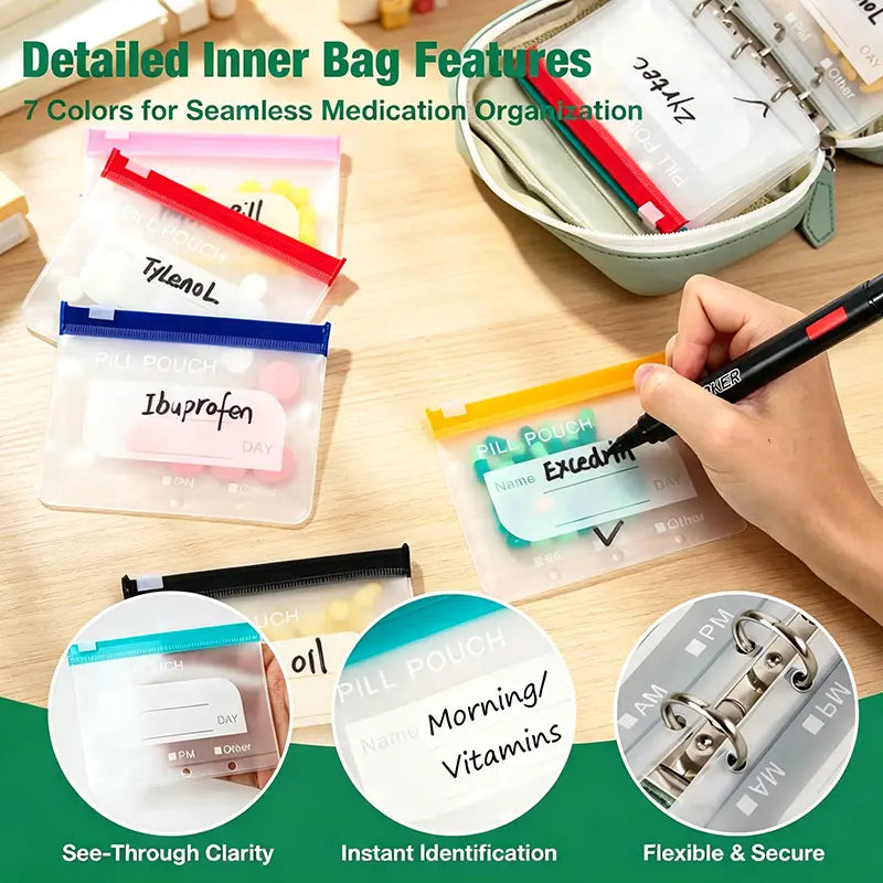 Waterproof A8 Pill Pouch Set, 14 Reusable Zippered Pill Bags