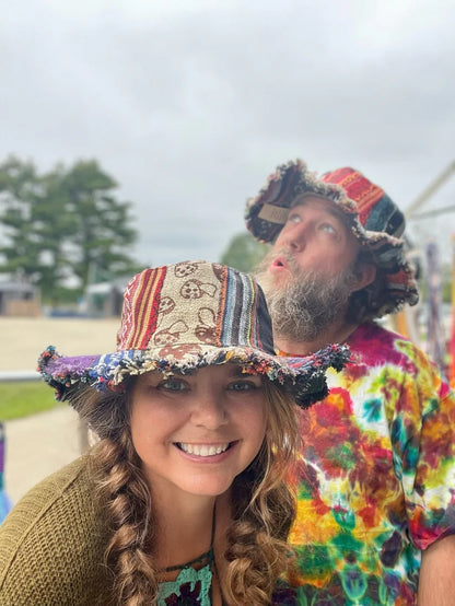 Frayed Patchwork Bucket Hat( Shapeable Brim One-of-a-Kind Style}
