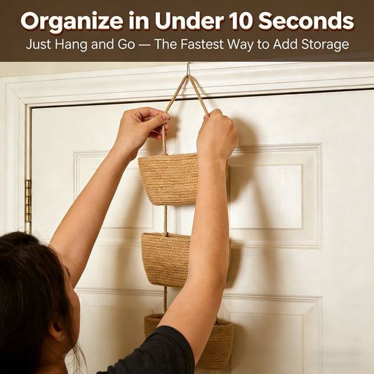 Woven cotton 3-Tier Over the Door Basket, Wall-Mounted Jute Storage Organizer