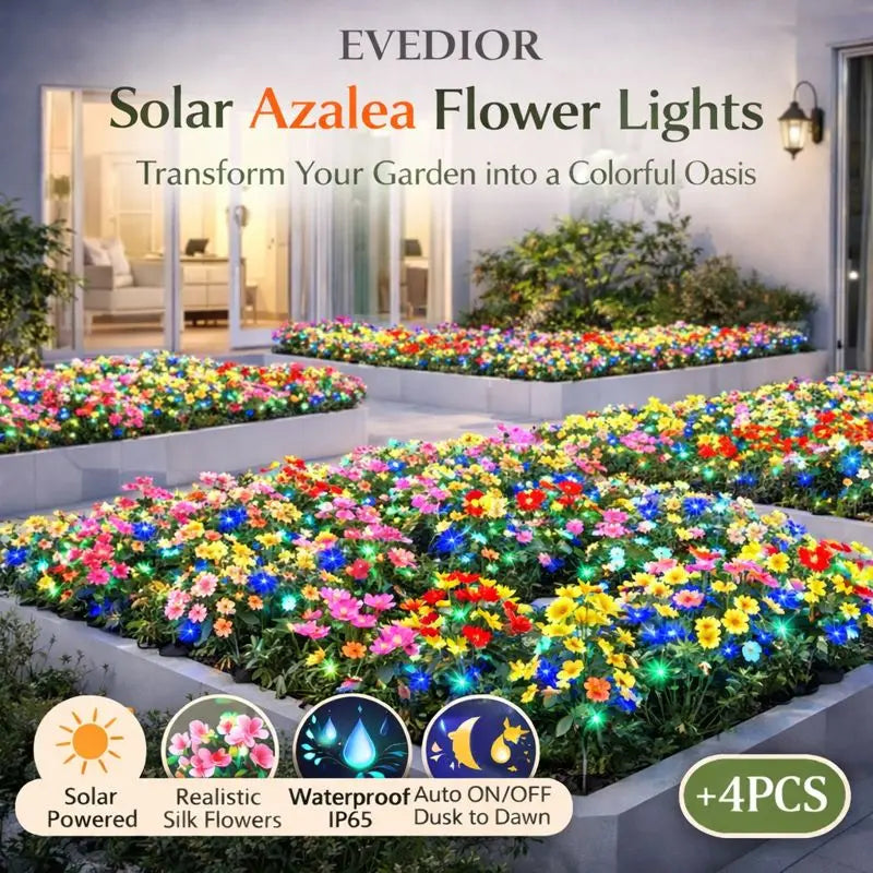 Solar Azalea Flower Lights 4 Pack | IP65 Waterproof Realistic Multi-Color Stakes for Garden & Cemetery Memorial Decor