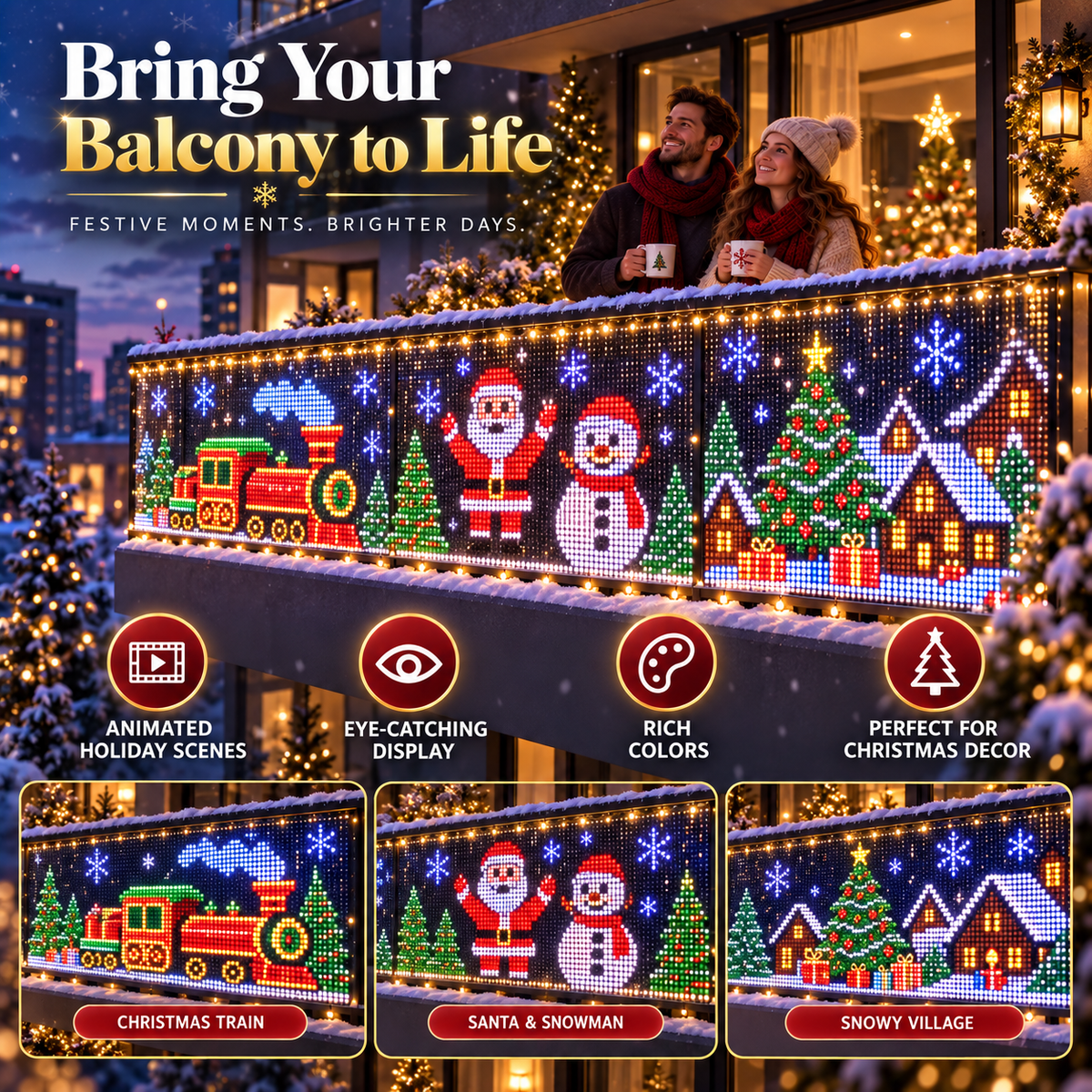 Smart RGB Pixel Curtain Lights App-Controlled Animated Holiday Display for Balcony & Window Decor-2m 2m