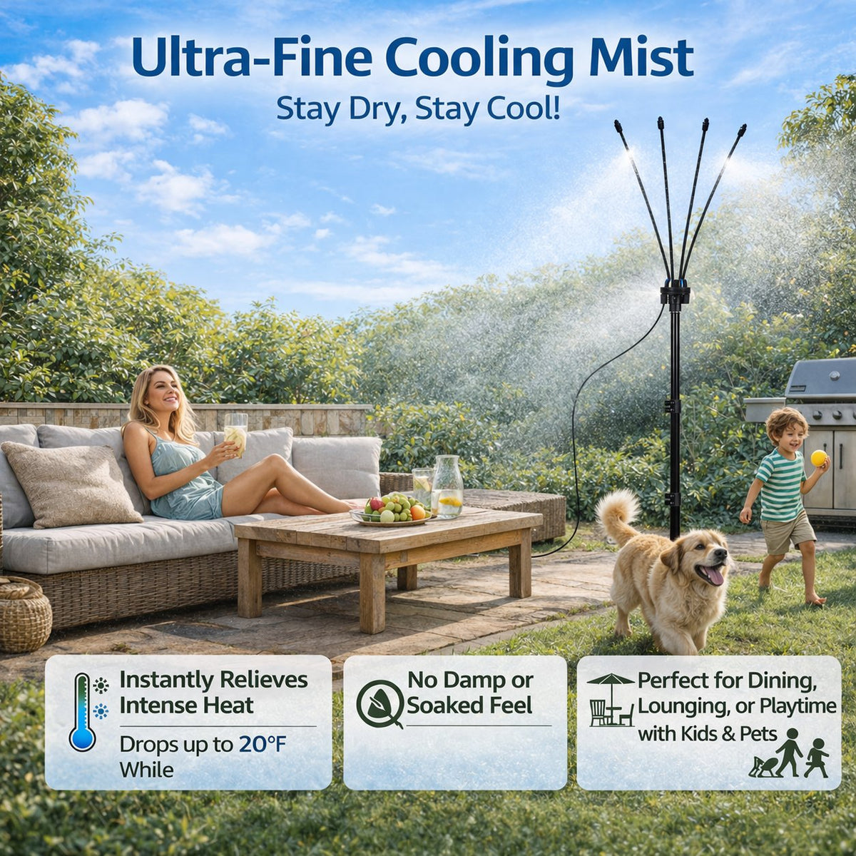 Portable Misting System: Drop your patio temperature by 20 F instantly without using a single watt of electricity