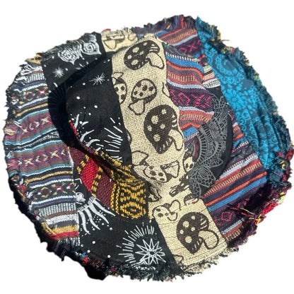 Frayed Patchwork Bucket Hat( Shapeable Brim One-of-a-Kind Style}