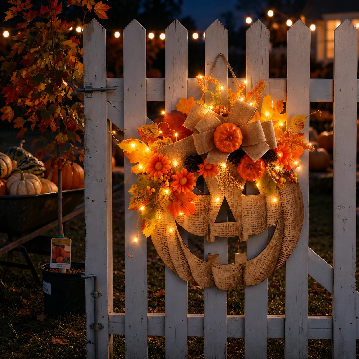 Lighted Burlap Pumpkin Wreath