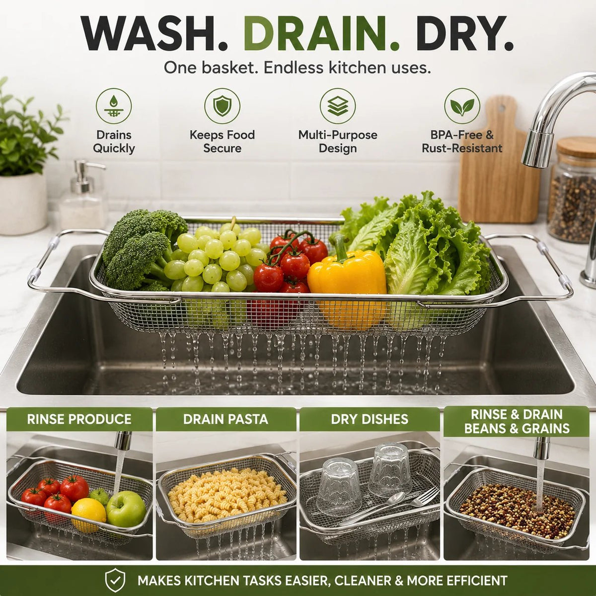 Expandable Over-the-Sink Colander Basket Wash, Drain & Dry with Ease